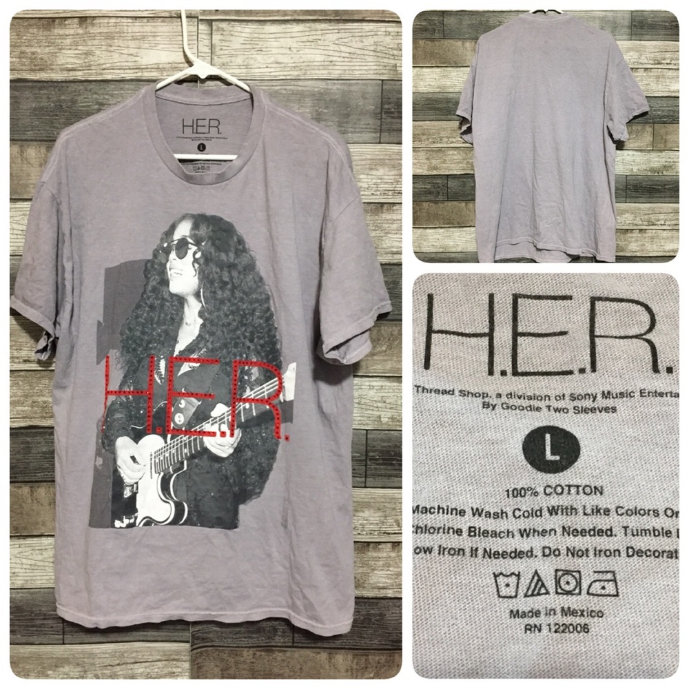 H.E.R T Shirt Size L Gray Studded Crewneck R&B Music Short Sleeve